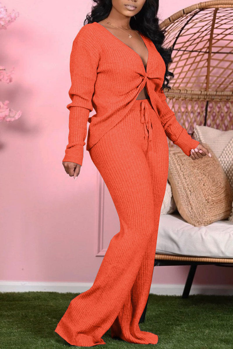 Tangerine Elegant Solid V Neck Long Sleeve Regular Sleeve Two Pieces