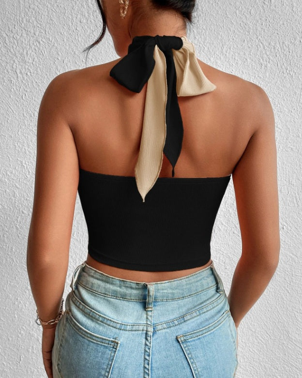 Twist Front Cut Out Crop Halter Top, Going Out Top
