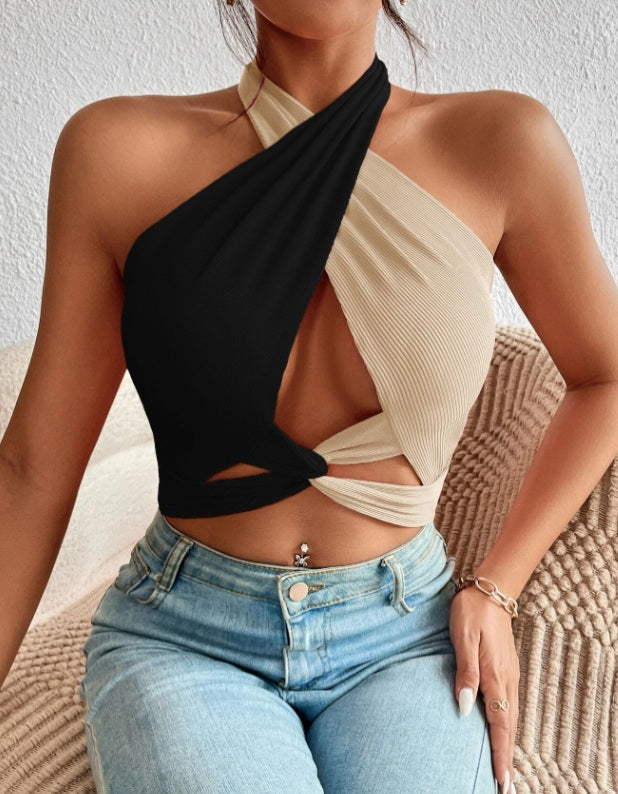 Twist Front Cut Out Crop Halter Top, Going Out Top