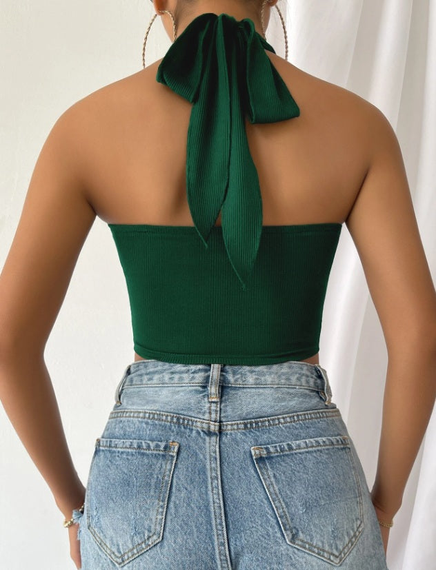 Twist Front Cut Out Crop Halter Top, Going Out Top