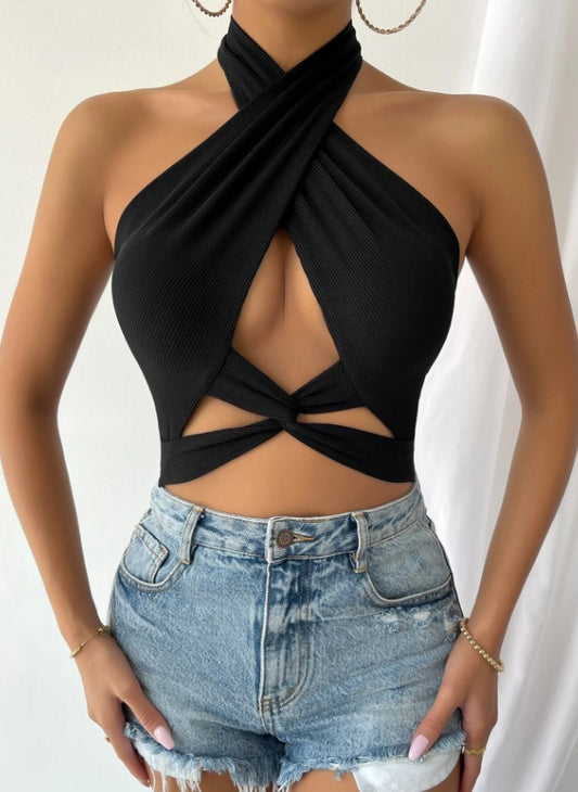 Twist Front Cut Out Crop Halter Top, Going Out Top