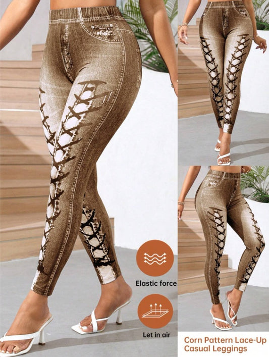 Lady Women's Corn Pattern Lace-Up Casual Leggings