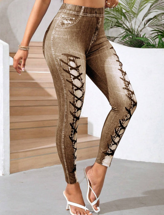 Lady Women's Corn Pattern Lace-Up Casual Leggings