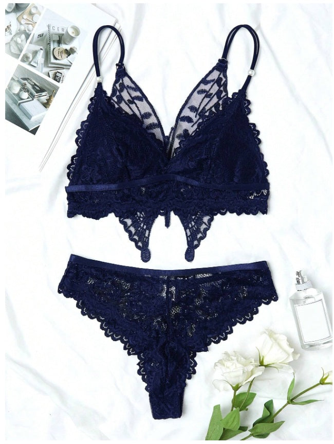 Butterfly Embroidery Floral Lace Underwire Bra & Panty Lingerie Set