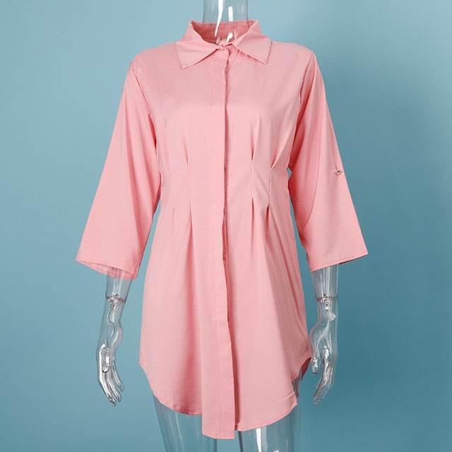 White Pleated Tunic Women's Long Shirts Adjustable Sleeve Single Breasted Shirt Female 2020 Casual Ladies Office Clothes