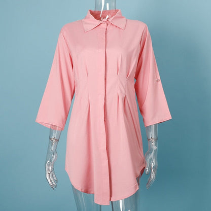 White Pleated Tunic Women's Long Shirts Adjustable Sleeve Single Breasted Shirt Female 2020 Casual Ladies Office Clothes