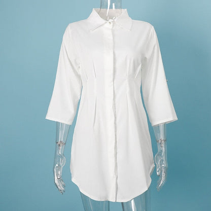 White Pleated Tunic Women's Long Shirts Adjustable Sleeve Single Breasted Shirt Female 2020 Casual Ladies Office Clothes