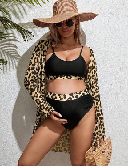 Maternity Leopard Bikini Set With Kimono Summer Beach