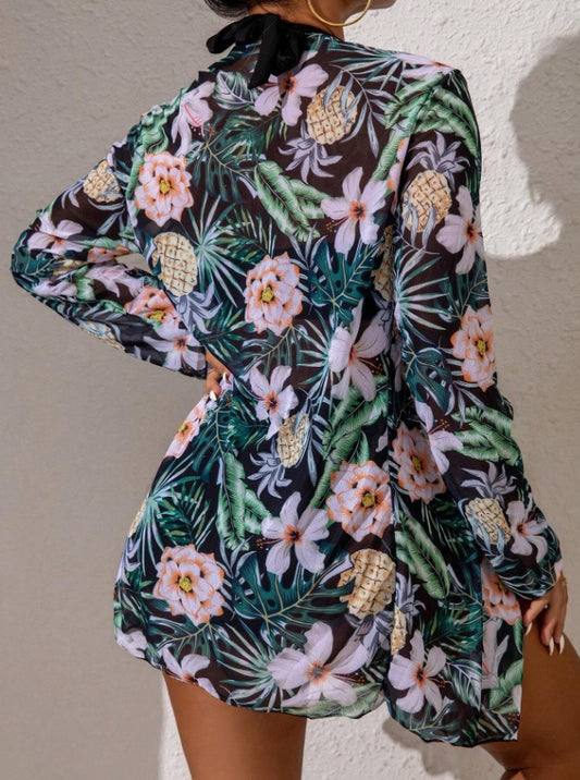 Maternity Printed Spliced Halter Bikini Set & Swim Shorts With Long Sleeve Cover Up Set Summer Beach